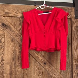 Yeva Cropped Button Down Ruffle Blouse - Red - Medium - ordered from Vici